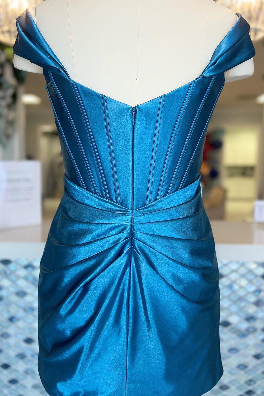 Turquoise off-the-shoulder ruched bodycon homecoming dress