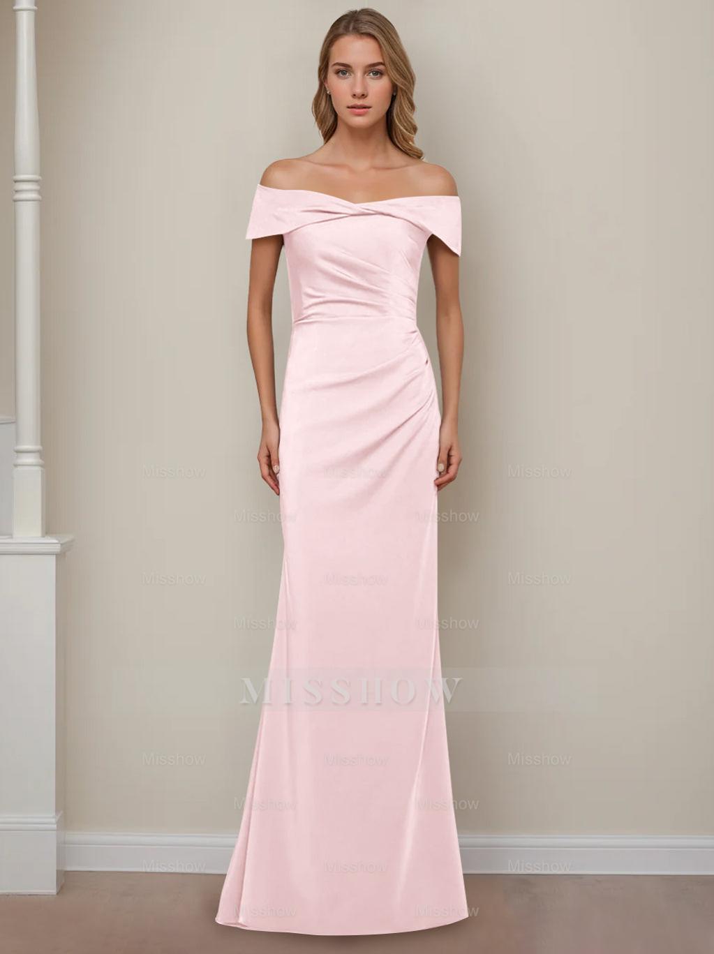 Off-the-Shoulder Short Sleeve Floor-Length Mother of the Bride Dress with Ruffles in Sheath/Column Style