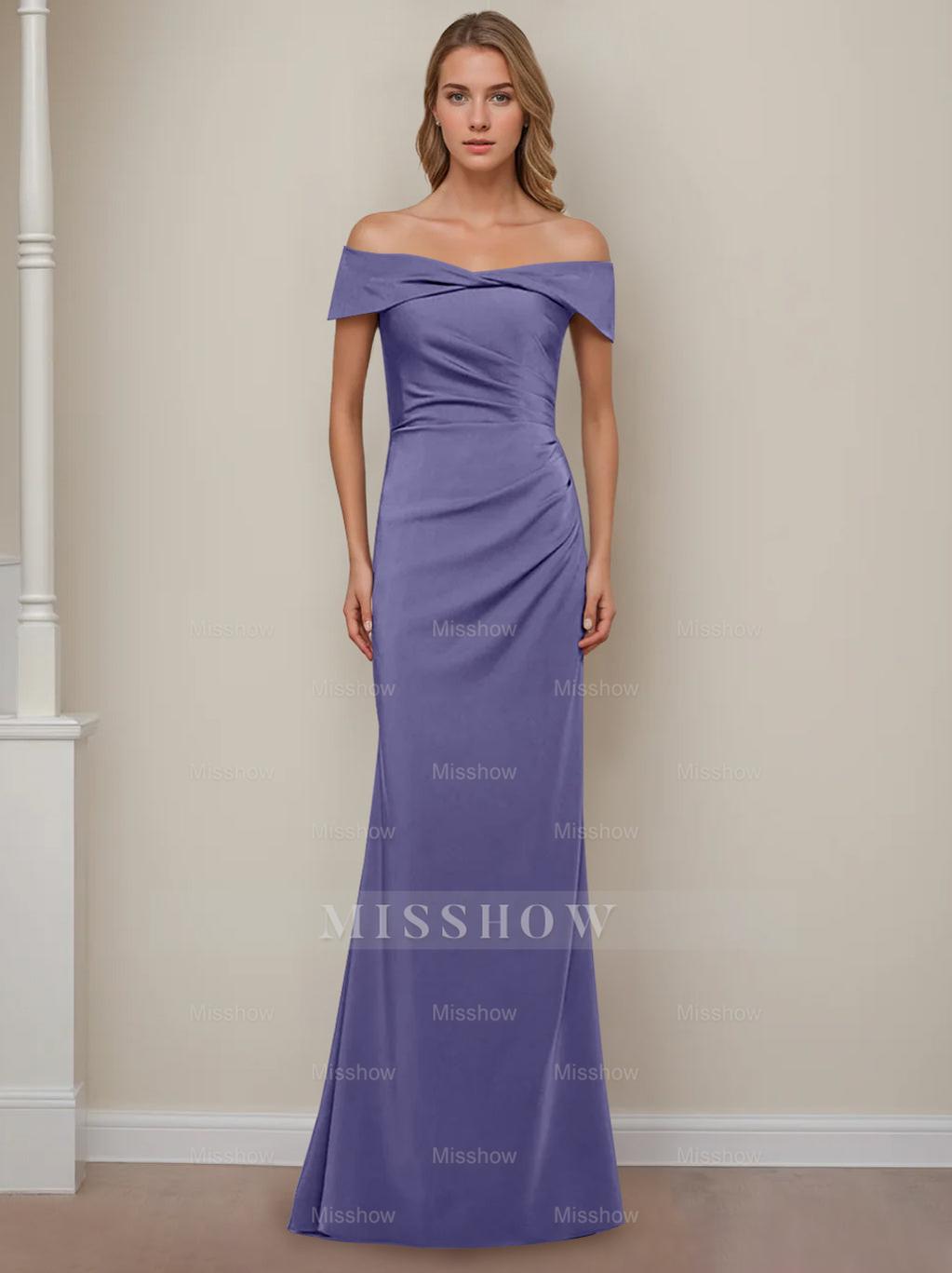 Off-the-Shoulder Short Sleeve Floor-Length Mother of the Bride Dress with Ruffles in Sheath/Column Style