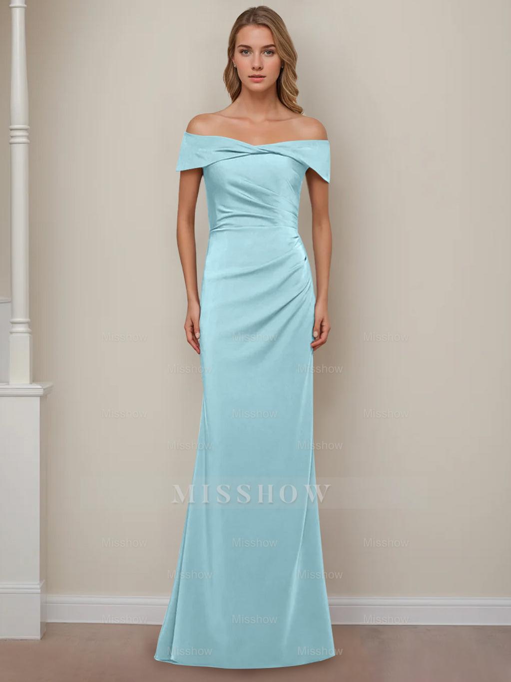 Off-the-Shoulder Short Sleeve Floor-Length Mother of the Bride Dress with Ruffles in Sheath/Column Style