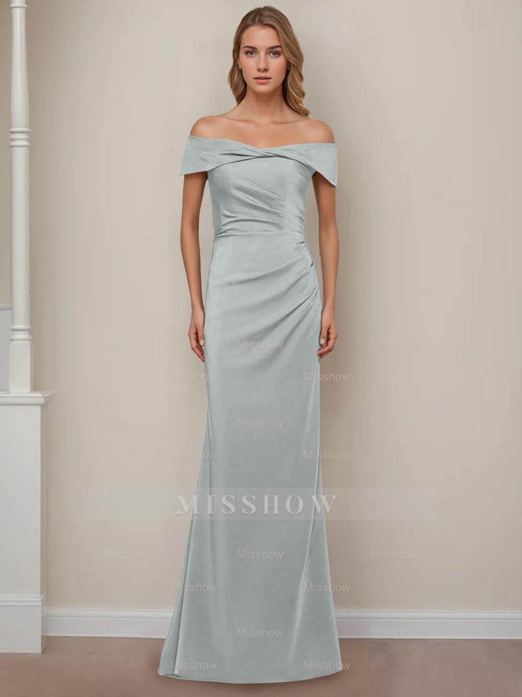 Off-the-Shoulder Short Sleeve Floor-Length Mother of the Bride Dress with Ruffles in Sheath/Column Style