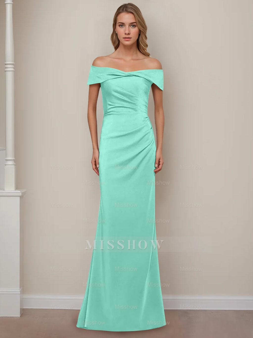 Off-the-Shoulder Short Sleeve Floor-Length Mother of the Bride Dress with Ruffles in Sheath/Column Style