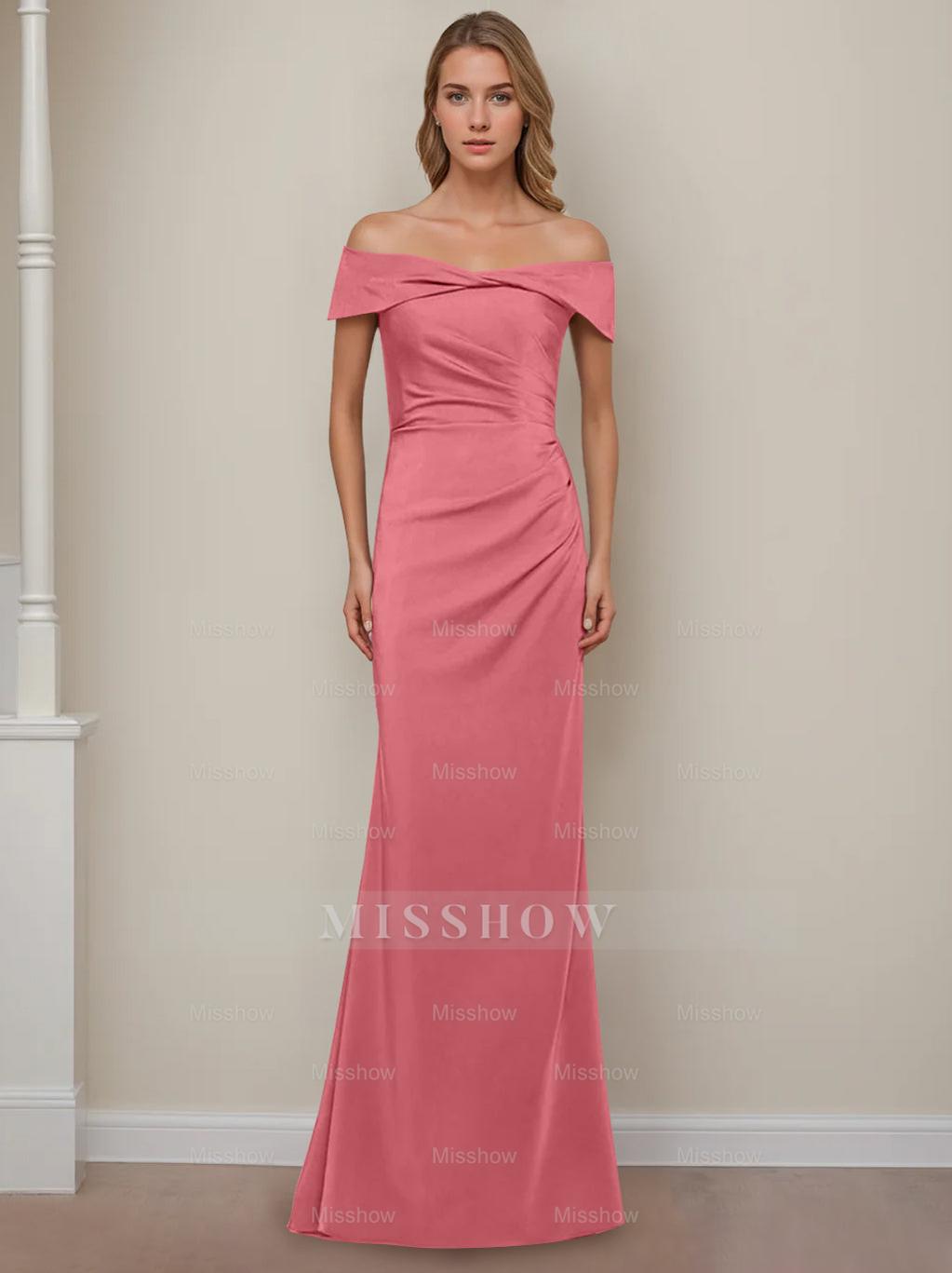 Off-the-Shoulder Short Sleeve Floor-Length Mother of the Bride Dress with Ruffles in Sheath/Column Style