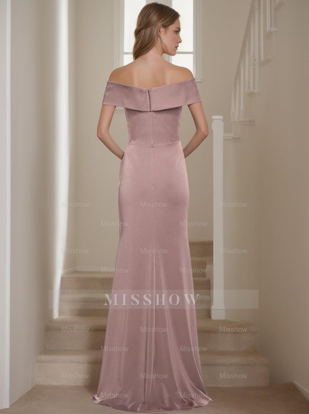 Off-the-Shoulder Short Sleeve Floor-Length Mother of the Bride Dress with Ruffles in Sheath/Column Style
