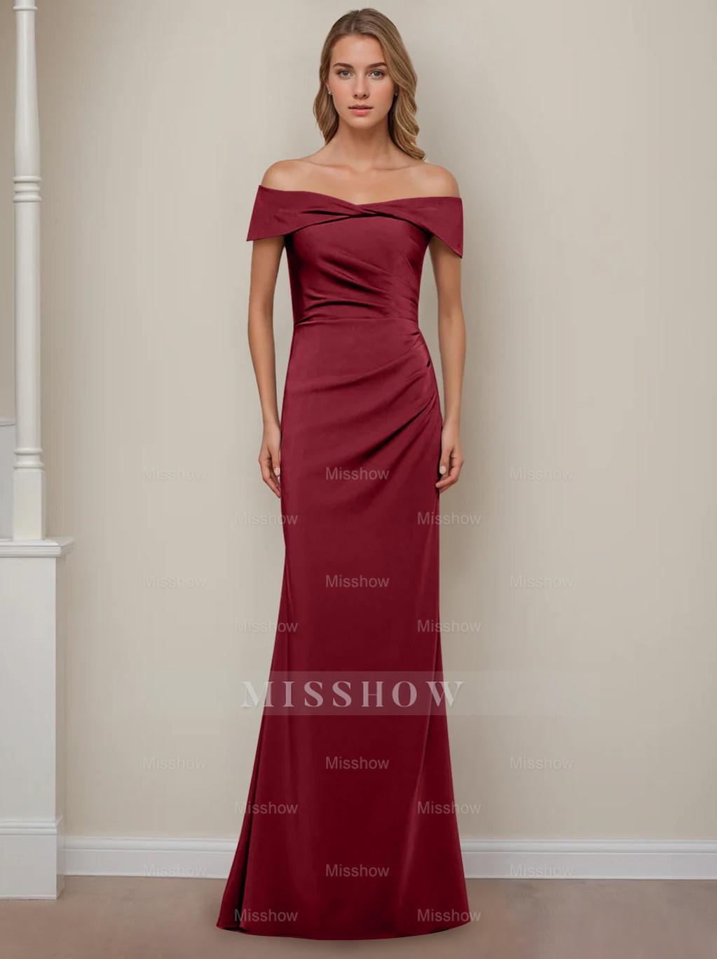 Off-the-Shoulder Short Sleeve Floor-Length Mother of the Bride Dress with Ruffles in Sheath/Column Style