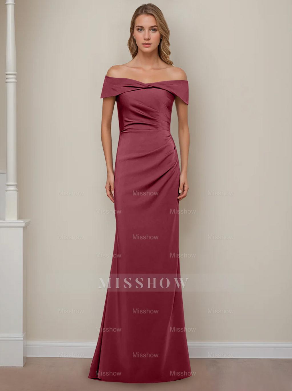 Off-the-Shoulder Short Sleeve Floor-Length Mother of the Bride Dress with Ruffles in Sheath/Column Style