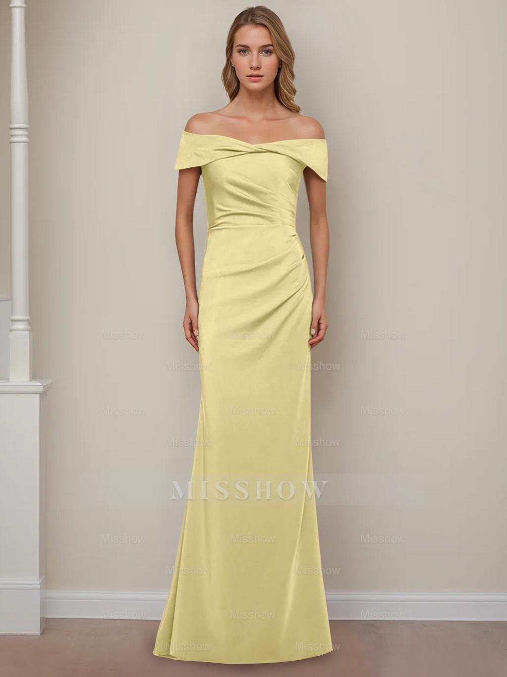Off-the-Shoulder Short Sleeve Floor-Length Mother of the Bride Dress with Ruffles in Sheath/Column Style