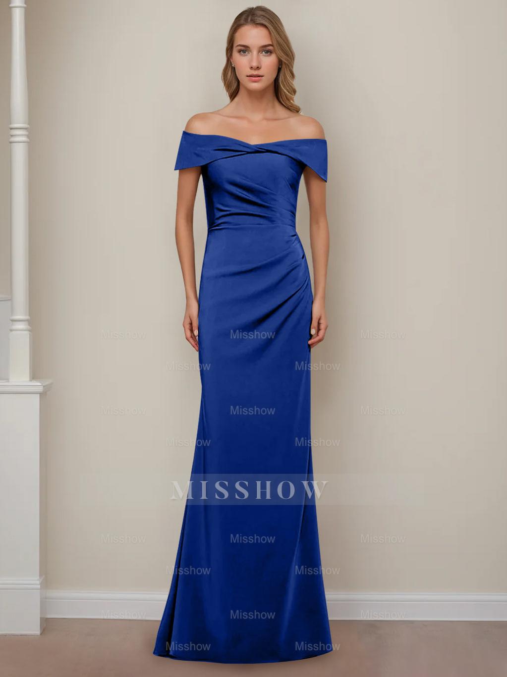 Off-the-Shoulder Short Sleeve Floor-Length Mother of the Bride Dress with Ruffles in Sheath/Column Style