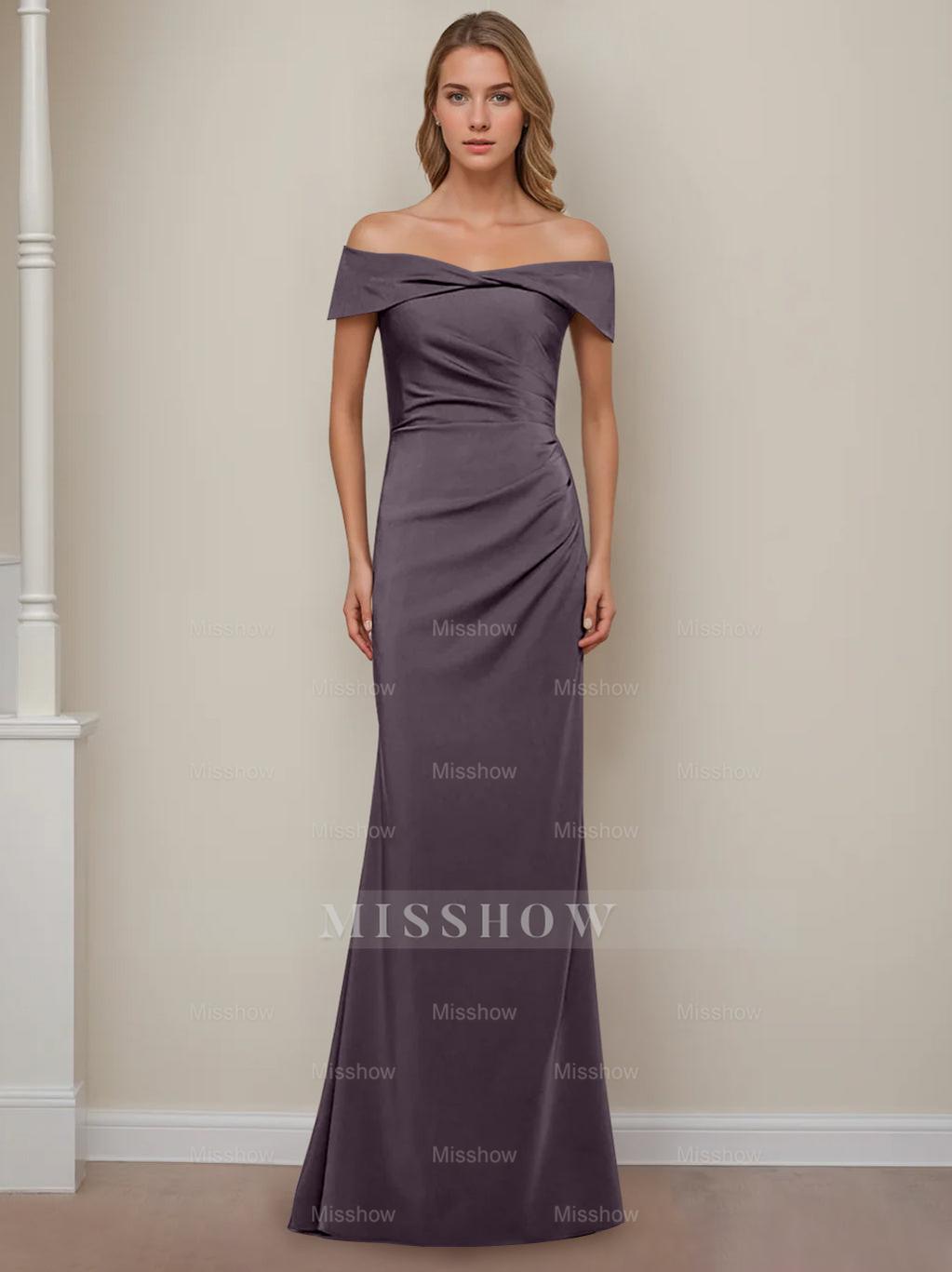 Off-the-Shoulder Short Sleeve Floor-Length Mother of the Bride Dress with Ruffles in Sheath/Column Style