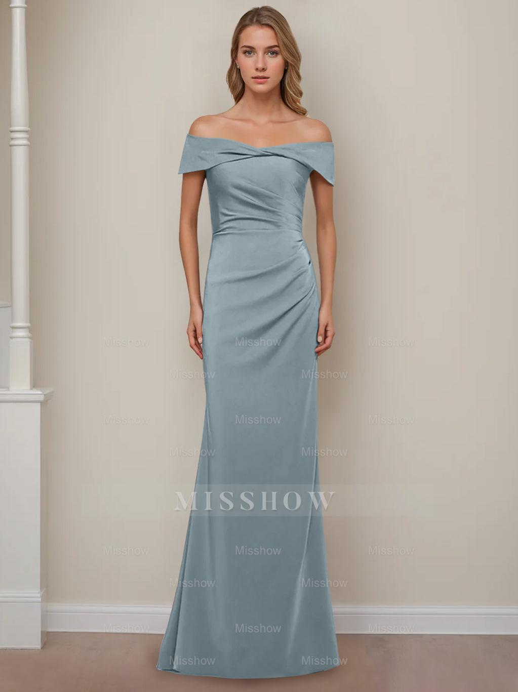 Off-the-Shoulder Short Sleeve Floor-Length Mother of the Bride Dress with Ruffles in Sheath/Column Style