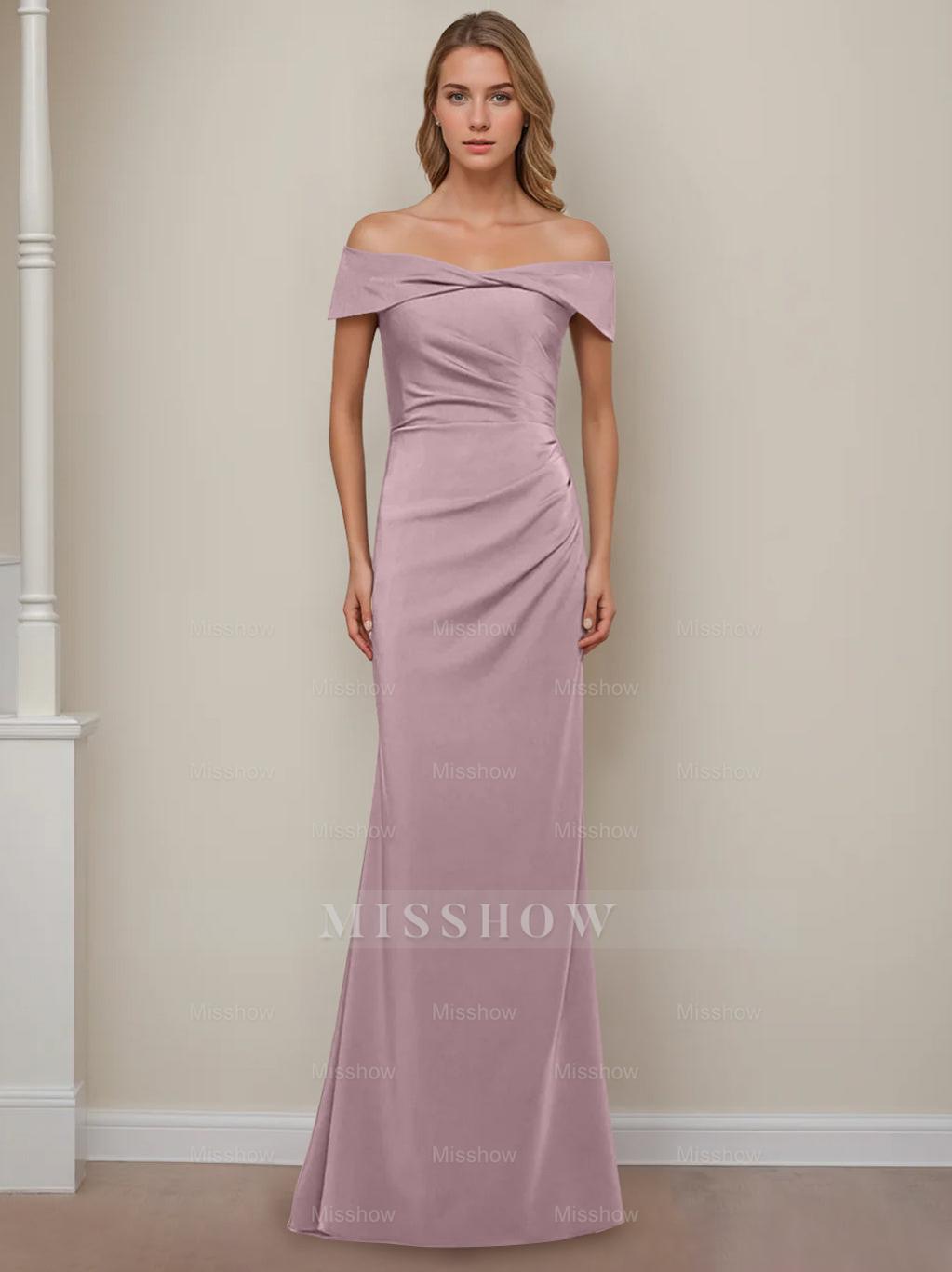 Off-the-Shoulder Short Sleeve Floor-Length Mother of the Bride Dress with Ruffles in Sheath/Column Style