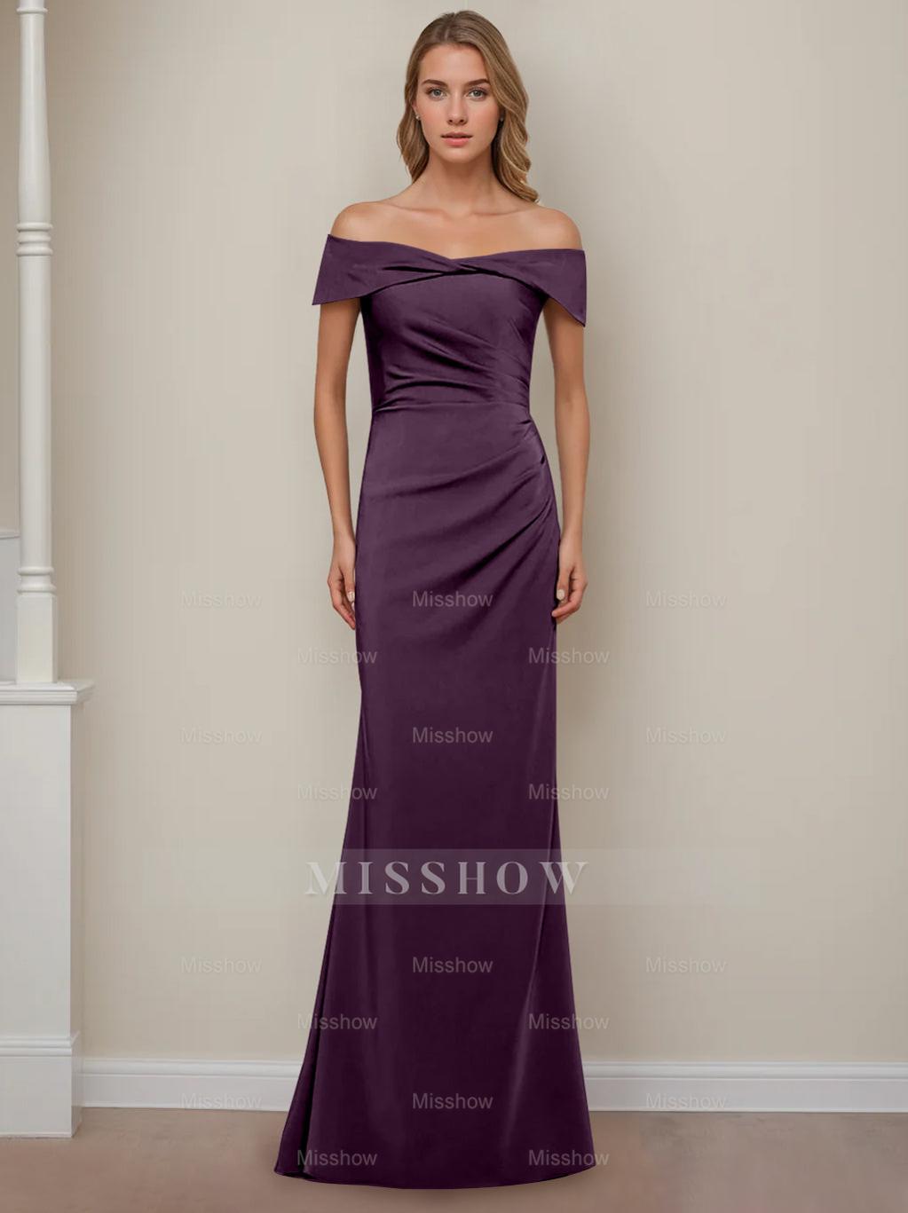 Off-the-Shoulder Short Sleeve Floor-Length Mother of the Bride Dress with Ruffles in Sheath/Column Style