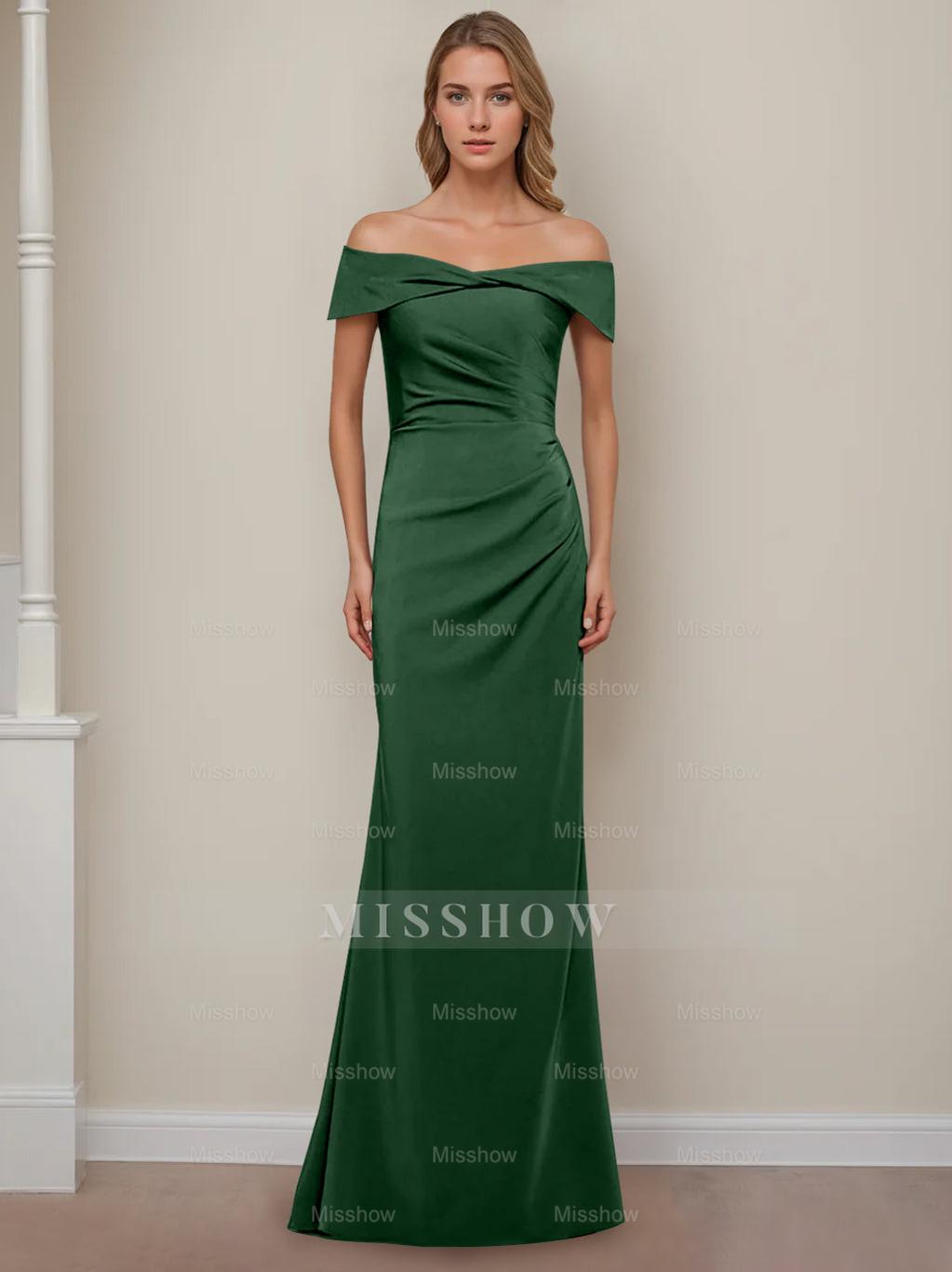 Off-the-Shoulder Short Sleeve Floor-Length Mother of the Bride Dress with Ruffles in Sheath/Column Style