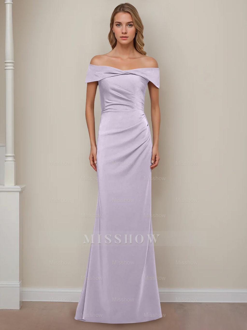 Off-the-Shoulder Short Sleeve Floor-Length Mother of the Bride Dress with Ruffles in Sheath/Column Style