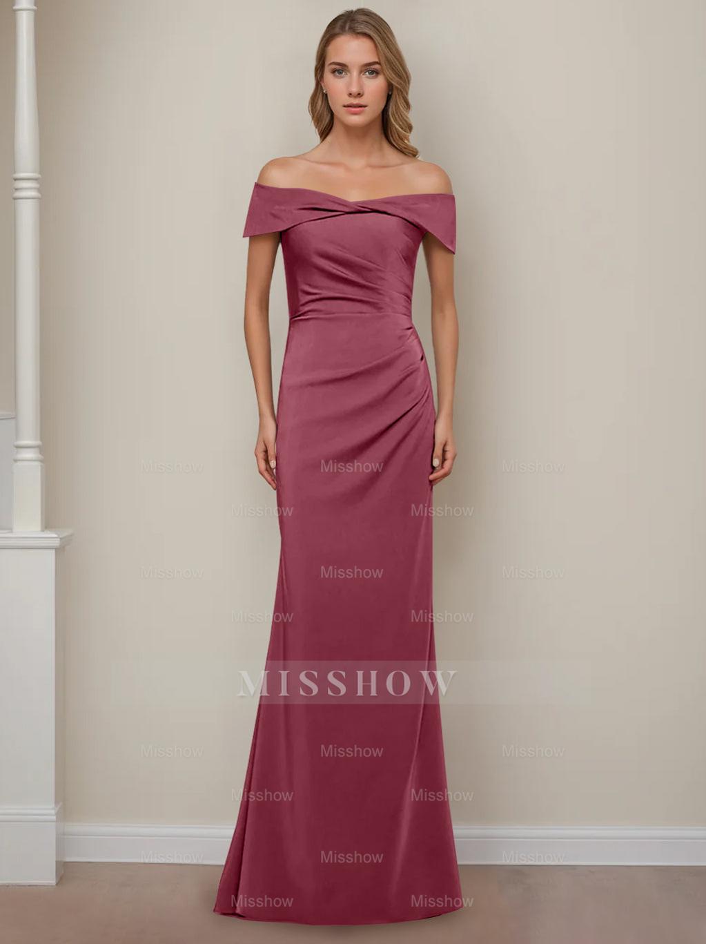 Off-the-Shoulder Short Sleeve Floor-Length Mother of the Bride Dress with Ruffles in Sheath/Column Style