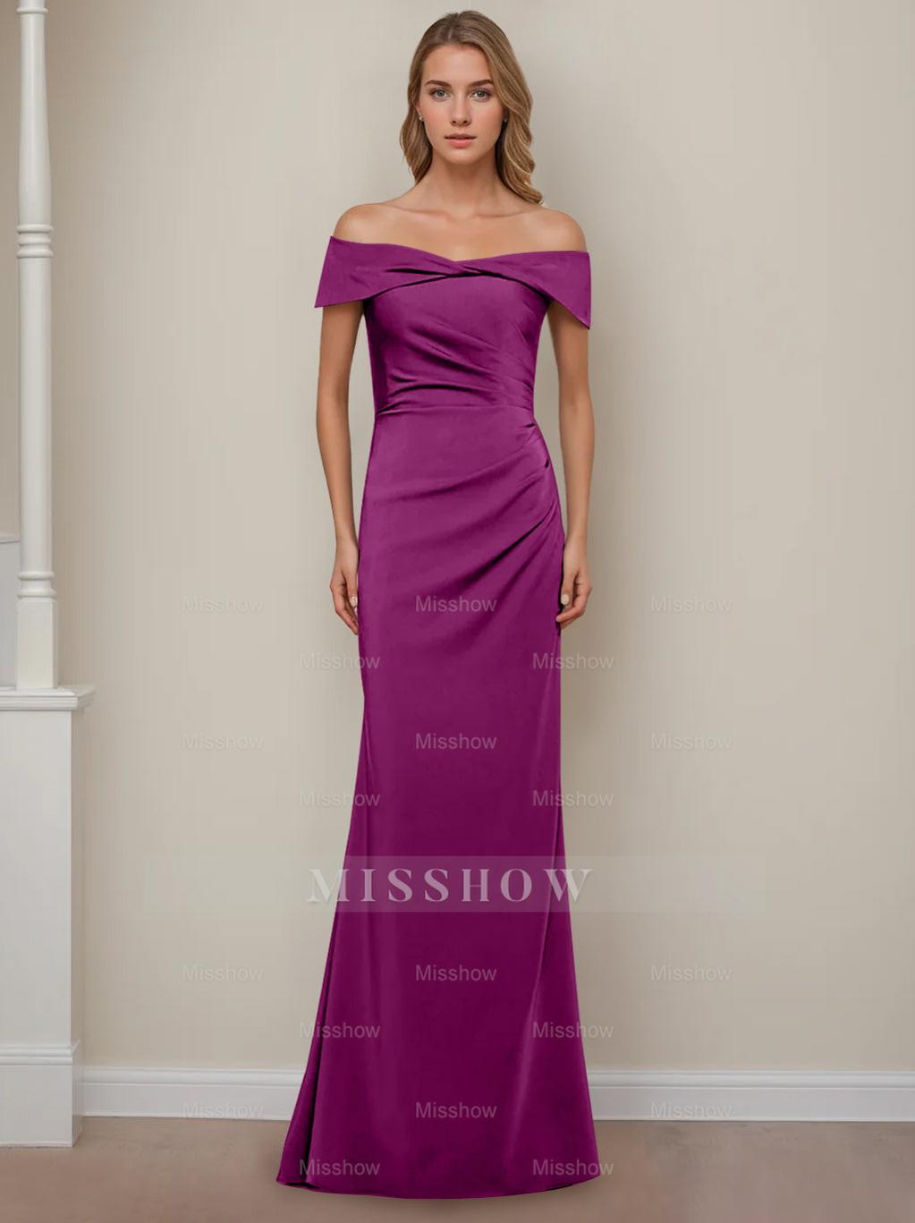 Off-the-Shoulder Short Sleeve Floor-Length Mother of the Bride Dress with Ruffles in Sheath/Column Style