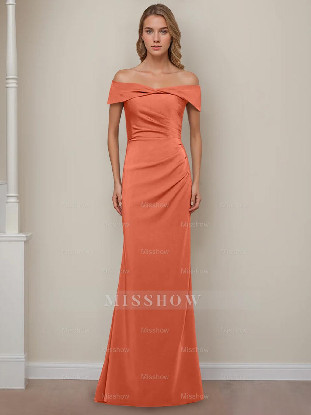 Off-the-Shoulder Short Sleeve Floor-Length Mother of the Bride Dress with Ruffles in Sheath/Column Style