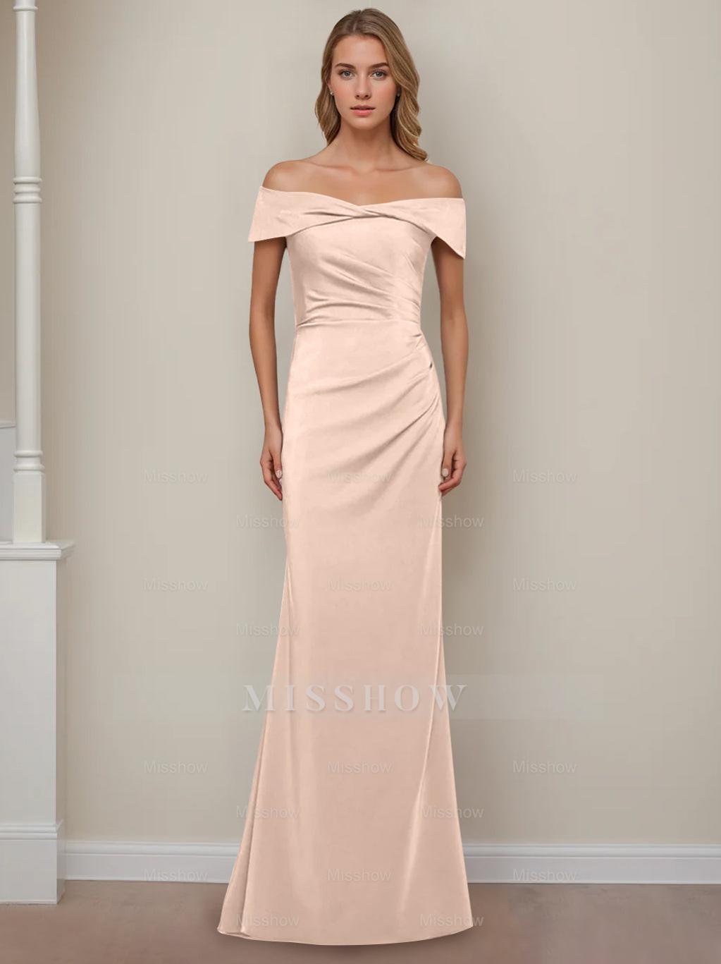 Off-the-Shoulder Short Sleeve Floor-Length Mother of the Bride Dress with Ruffles in Sheath/Column Style