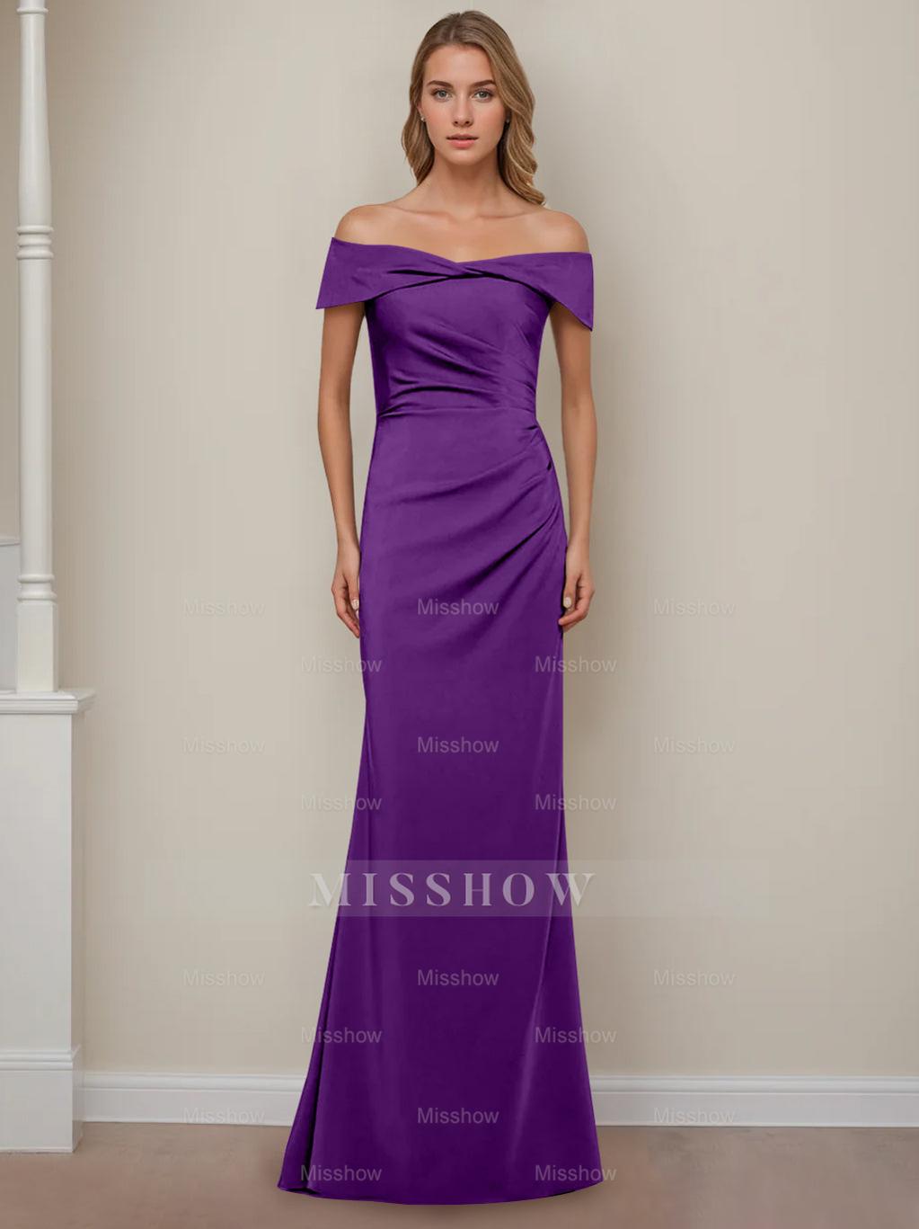 Off-the-Shoulder Short Sleeve Floor-Length Mother of the Bride Dress with Ruffles in Sheath/Column Style