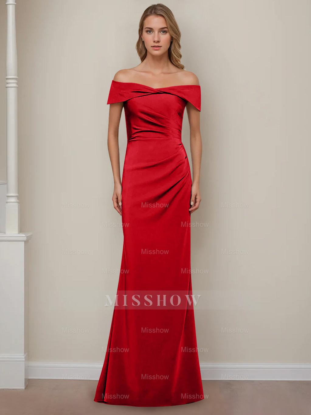 Off-the-Shoulder Short Sleeve Floor-Length Mother of the Bride Dress with Ruffles in Sheath/Column Style