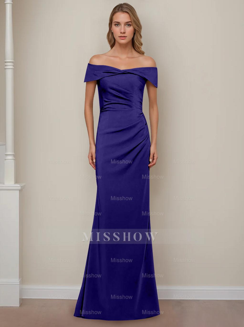 Off-the-Shoulder Short Sleeve Floor-Length Mother of the Bride Dress with Ruffles in Sheath/Column Style