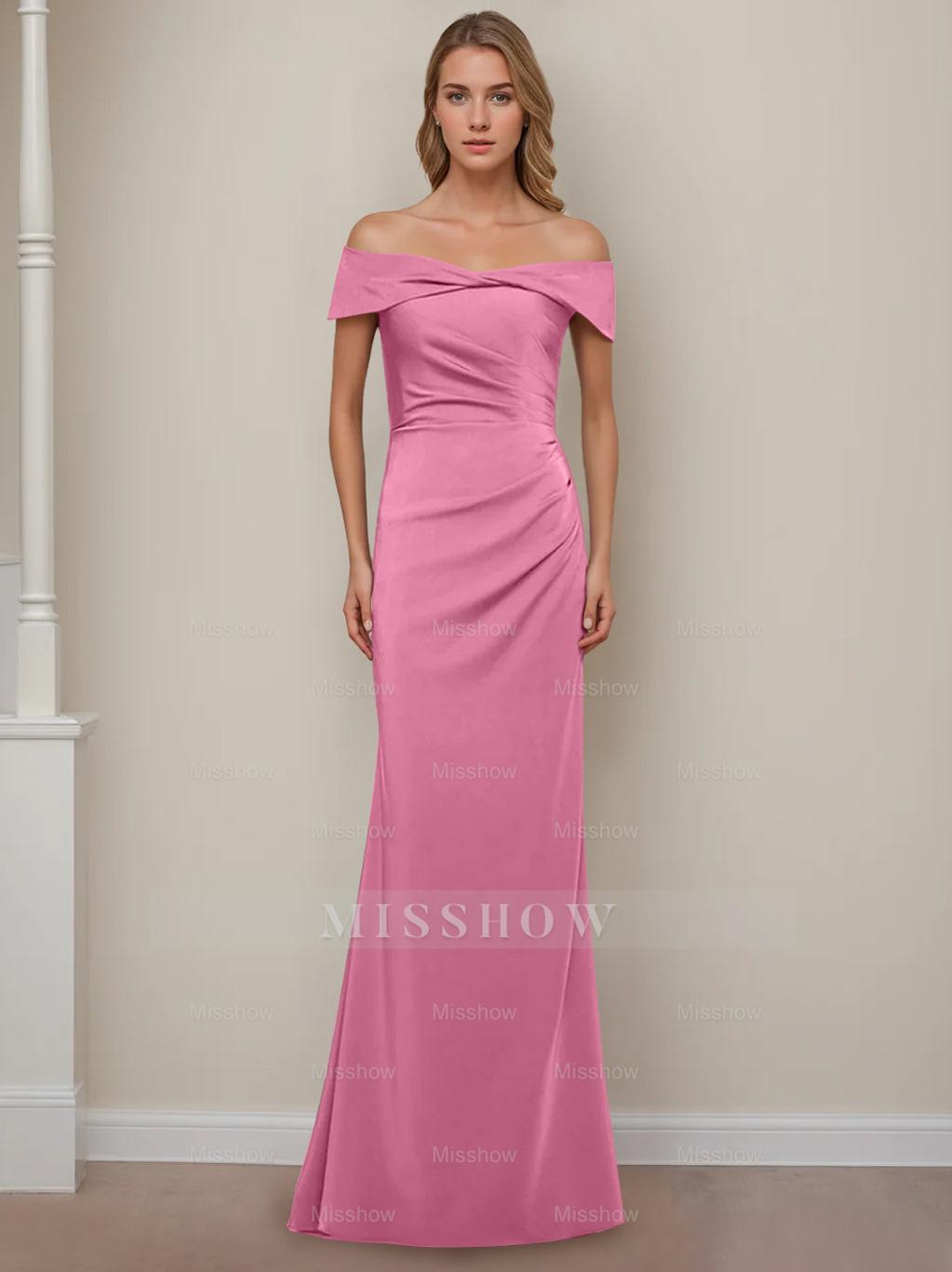 Off-the-Shoulder Short Sleeve Floor-Length Mother of the Bride Dress with Ruffles in Sheath/Column Style