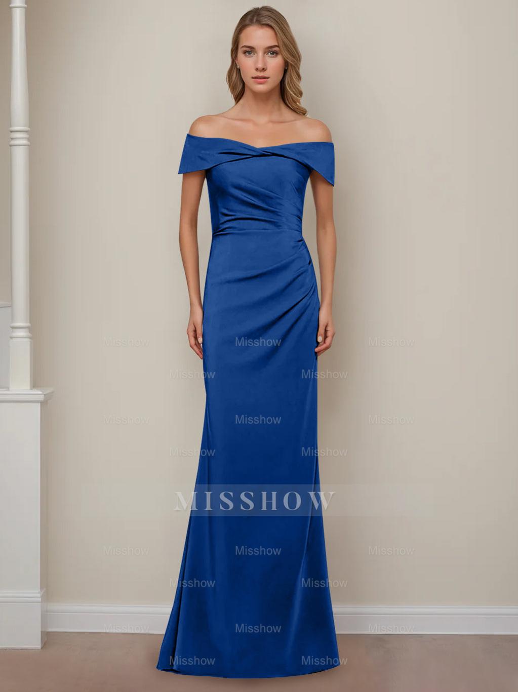 Off-the-Shoulder Short Sleeve Floor-Length Mother of the Bride Dress with Ruffles in Sheath/Column Style