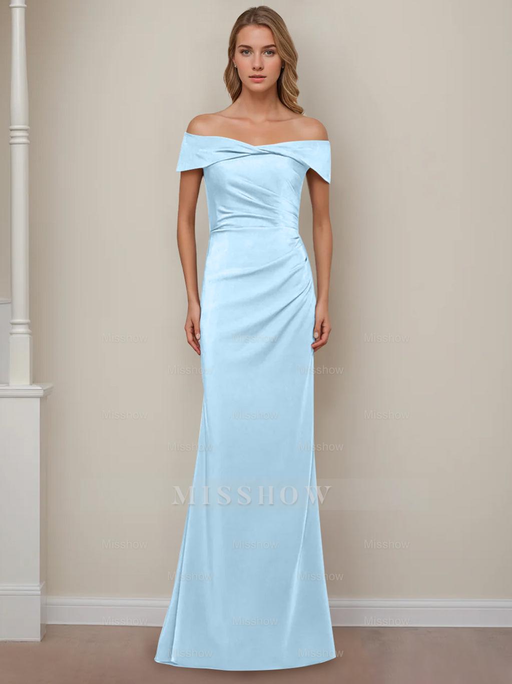 Off-the-Shoulder Short Sleeve Floor-Length Mother of the Bride Dress with Ruffles in Sheath/Column Style