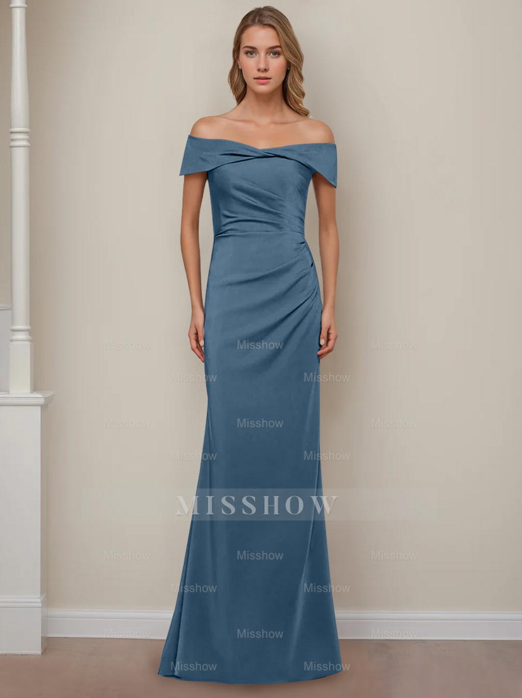 Off-the-Shoulder Short Sleeve Floor-Length Mother of the Bride Dress with Ruffles in Sheath/Column Style
