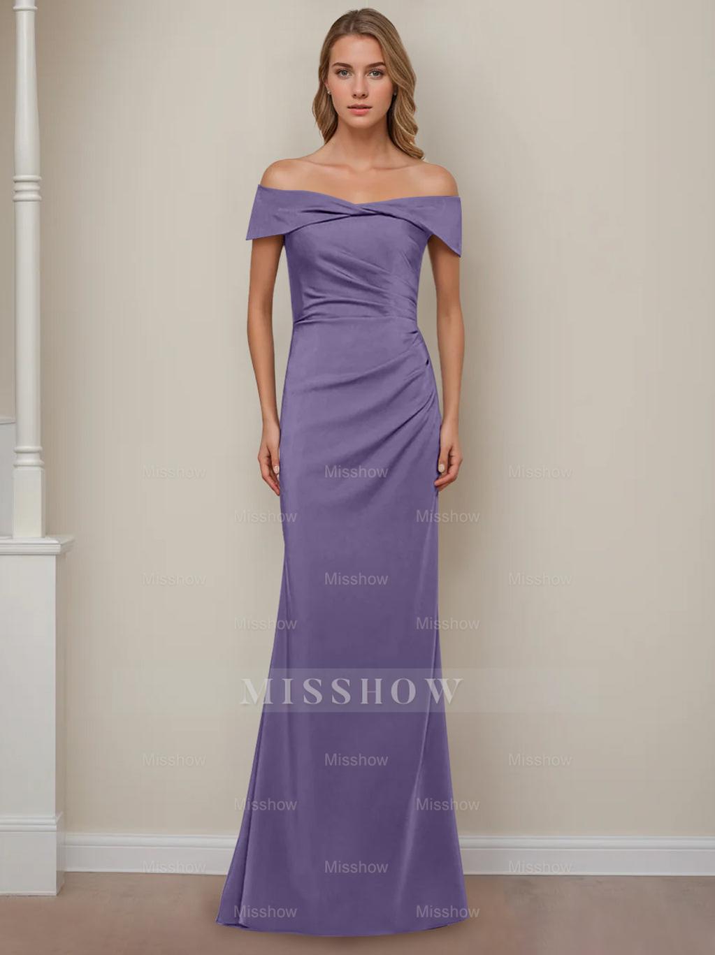 Off-the-Shoulder Short Sleeve Floor-Length Mother of the Bride Dress with Ruffles in Sheath/Column Style