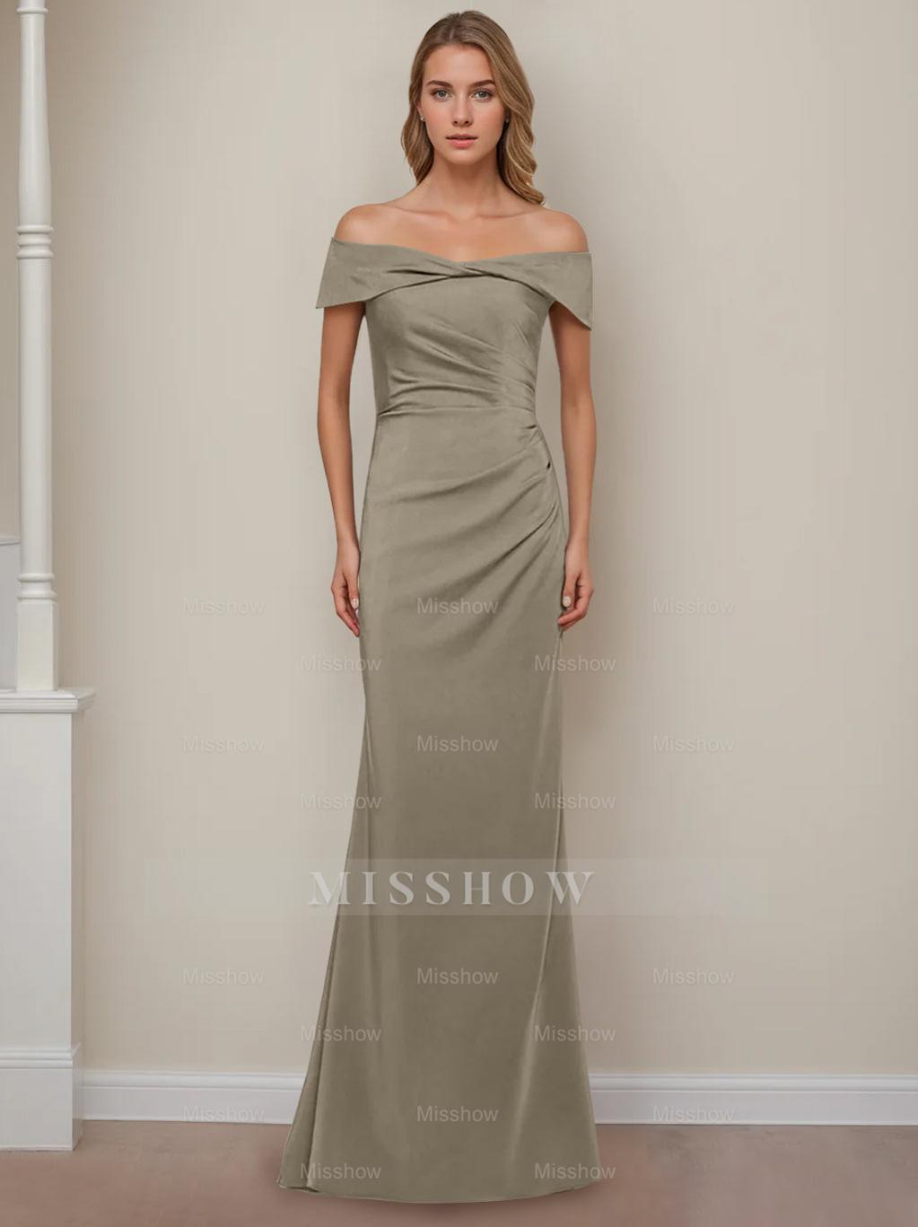 Off-the-Shoulder Short Sleeve Floor-Length Mother of the Bride Dress with Ruffles in Sheath/Column Style