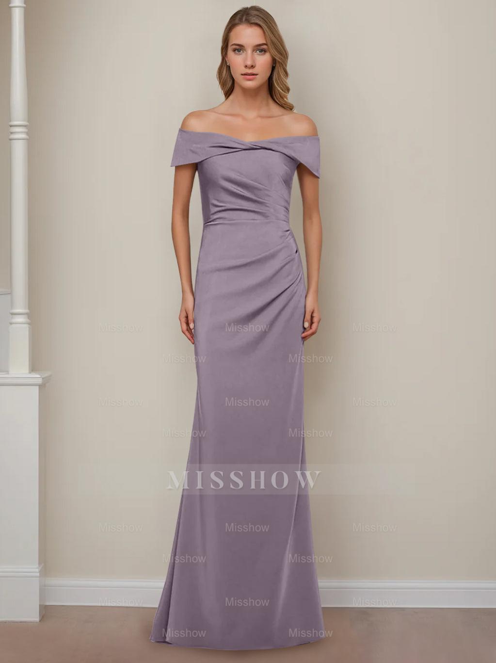 Off-the-Shoulder Short Sleeve Floor-Length Mother of the Bride Dress with Ruffles in Sheath/Column Style