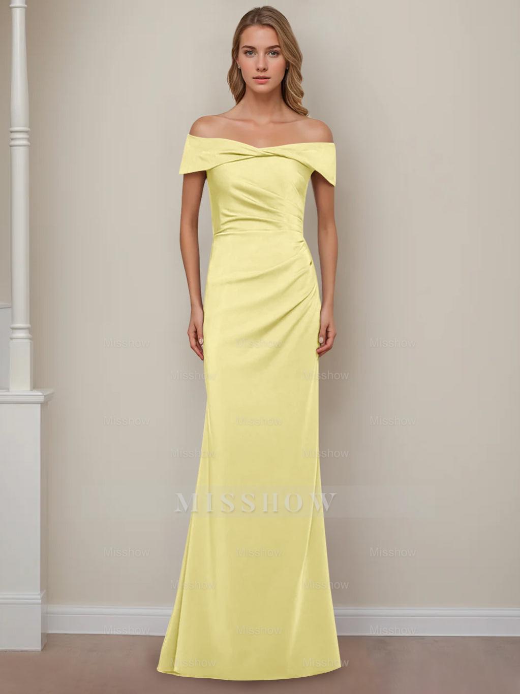 Off-the-Shoulder Short Sleeve Floor-Length Mother of the Bride Dress with Ruffles in Sheath/Column Style