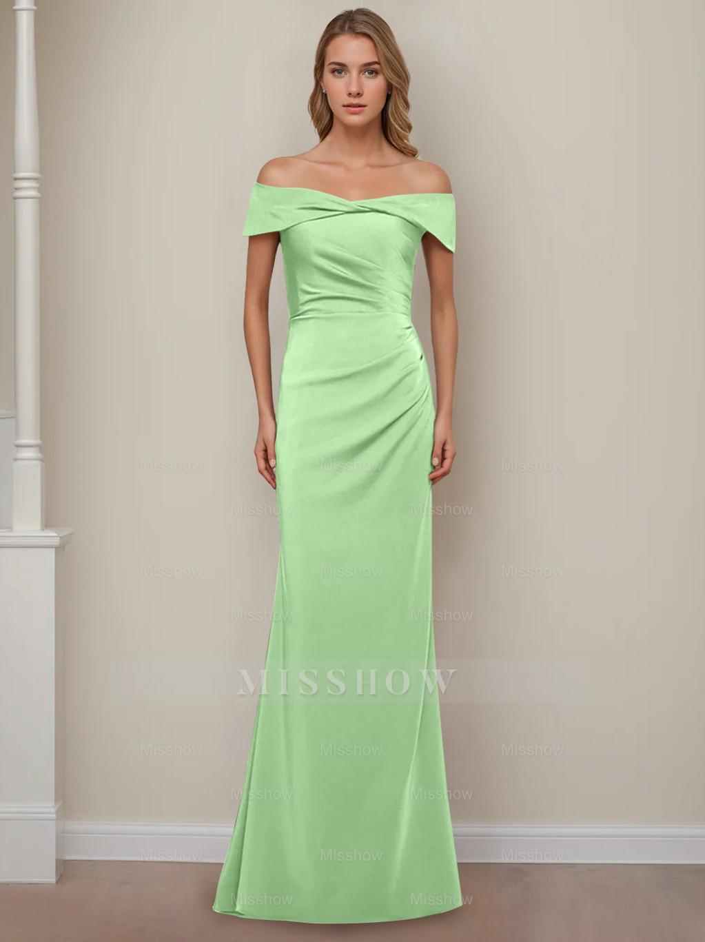 Off-the-Shoulder Short Sleeve Floor-Length Mother of the Bride Dress with Ruffles in Sheath/Column Style