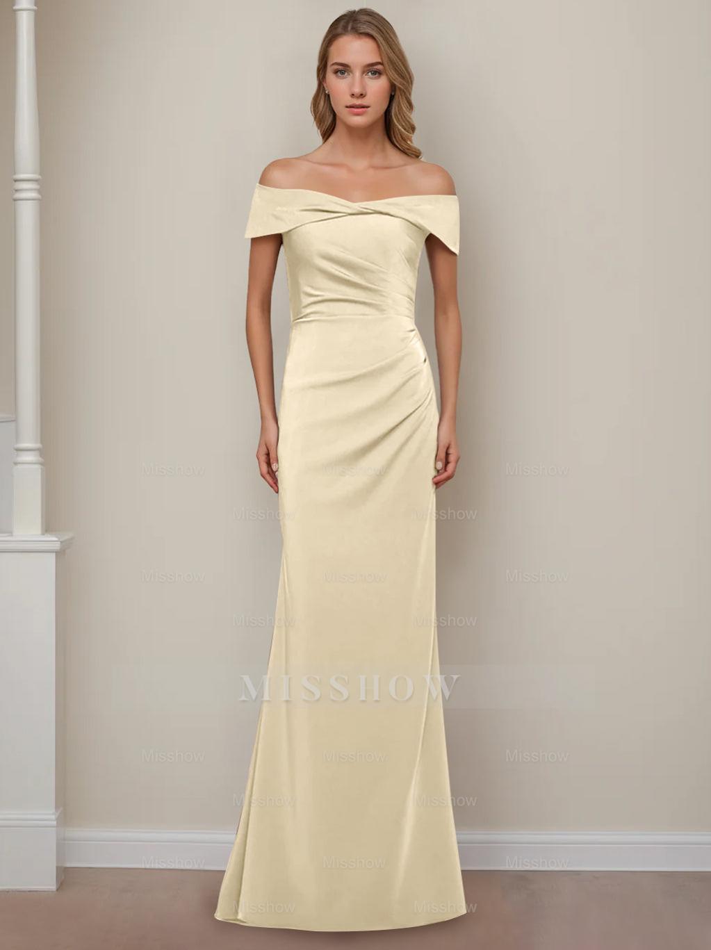 Off-the-Shoulder Short Sleeve Floor-Length Mother of the Bride Dress with Ruffles in Sheath/Column Style