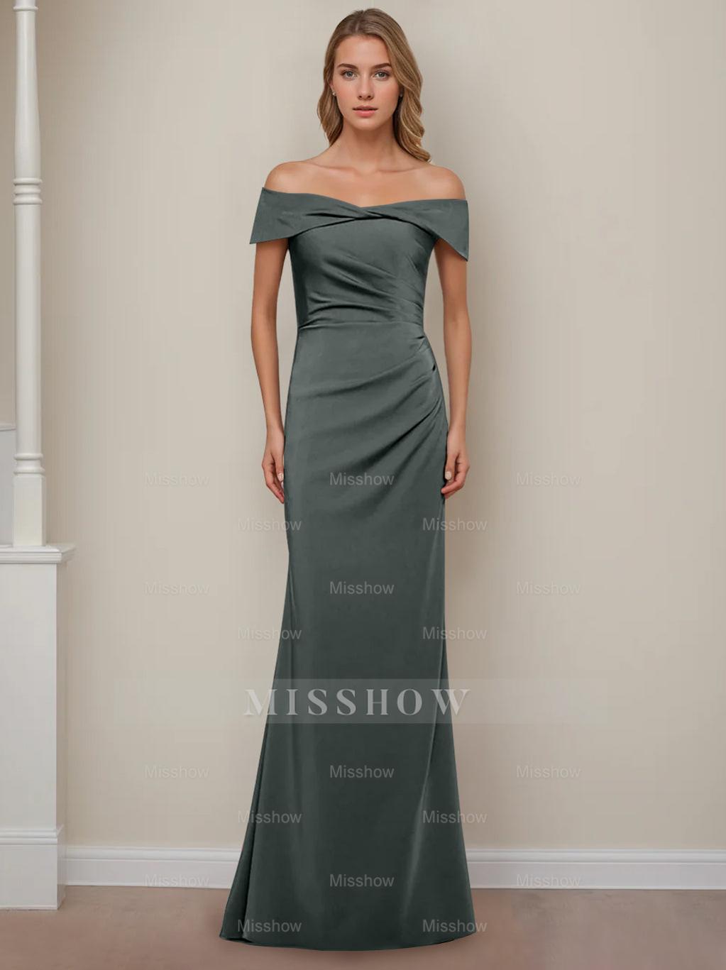 Off-the-Shoulder Short Sleeve Floor-Length Mother of the Bride Dress with Ruffles in Sheath/Column Style