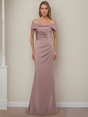 Off-the-Shoulder Short Sleeve Floor-Length Mother of the Bride Dress with Ruffles in Sheath/Column Style