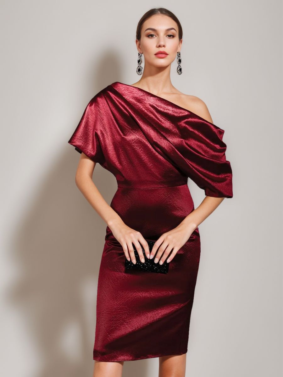 Off-the-Shoulder Short Sleeve Sheath Cocktail Dress with Ruched Knee-Length Column Design