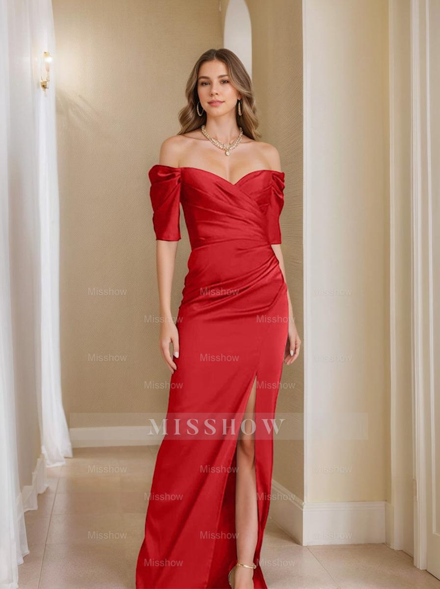 Off-the-Shoulder Short Sleeve Sheath/Column Mother of the Bride Dress With Front Split