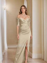 Off-the-Shoulder Short Sleeve Sheath/Column Mother of the Bride Dress With Front Split