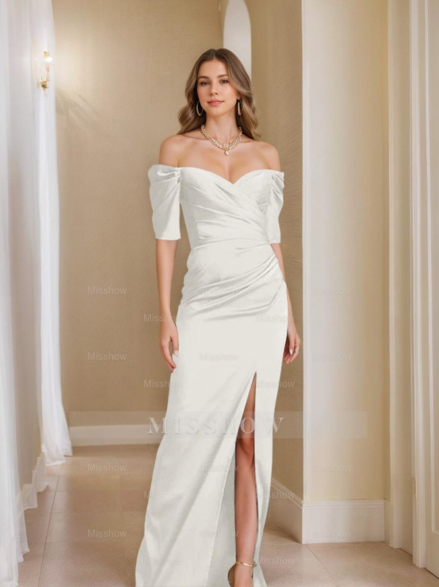 Off-the-Shoulder Short Sleeve Sheath/Column Mother of the Bride Dress With Front Split