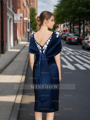 Off-the-Shoulder Short Sleeve Sheath/Column Tea-Length Mother of the Bride Dress with Appliques Embroidery Bowknot & Pearls