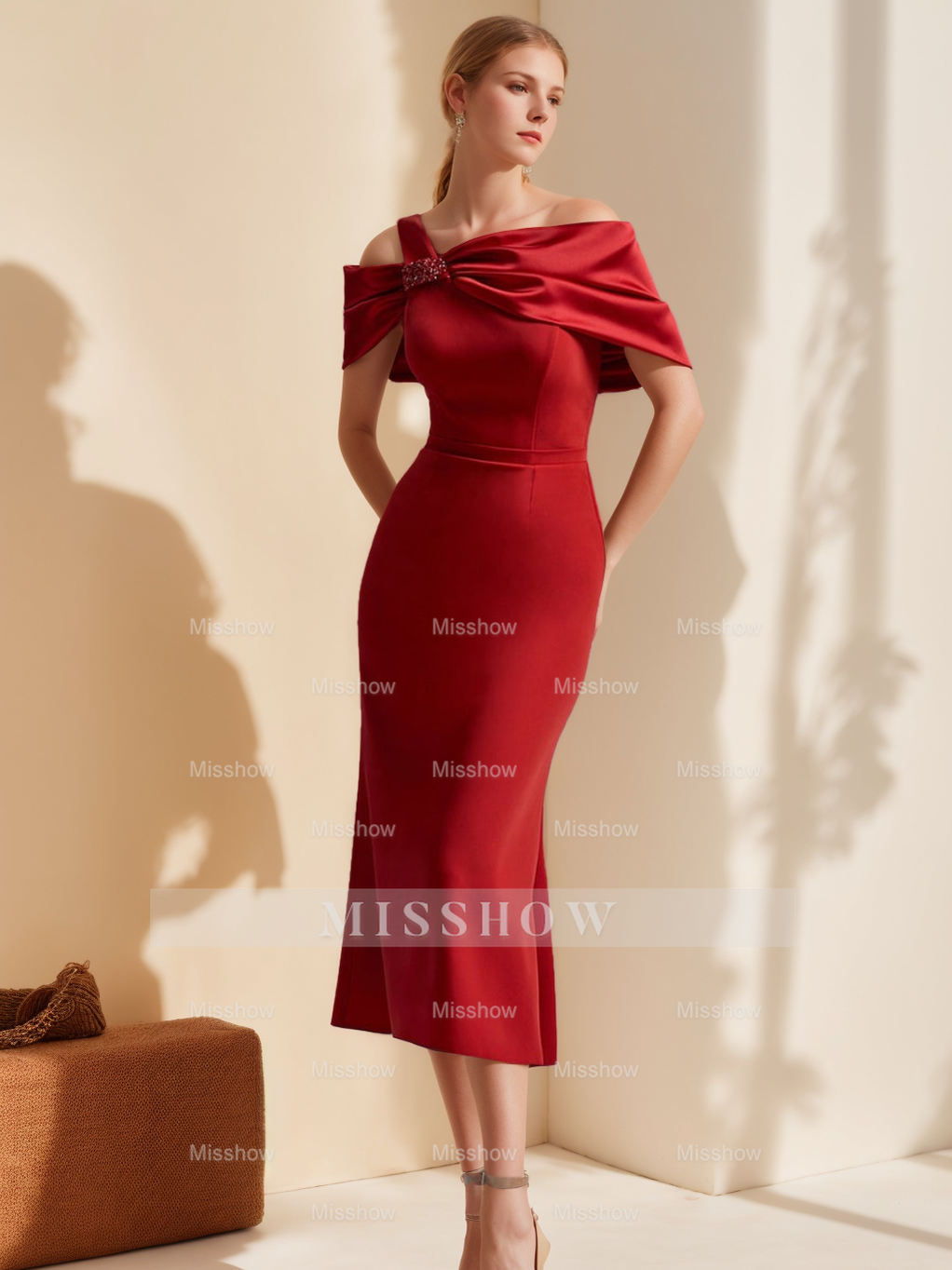 Off-the-Shoulder Short Sleeve Tea-Length Mother of the Bride Sheath Dress