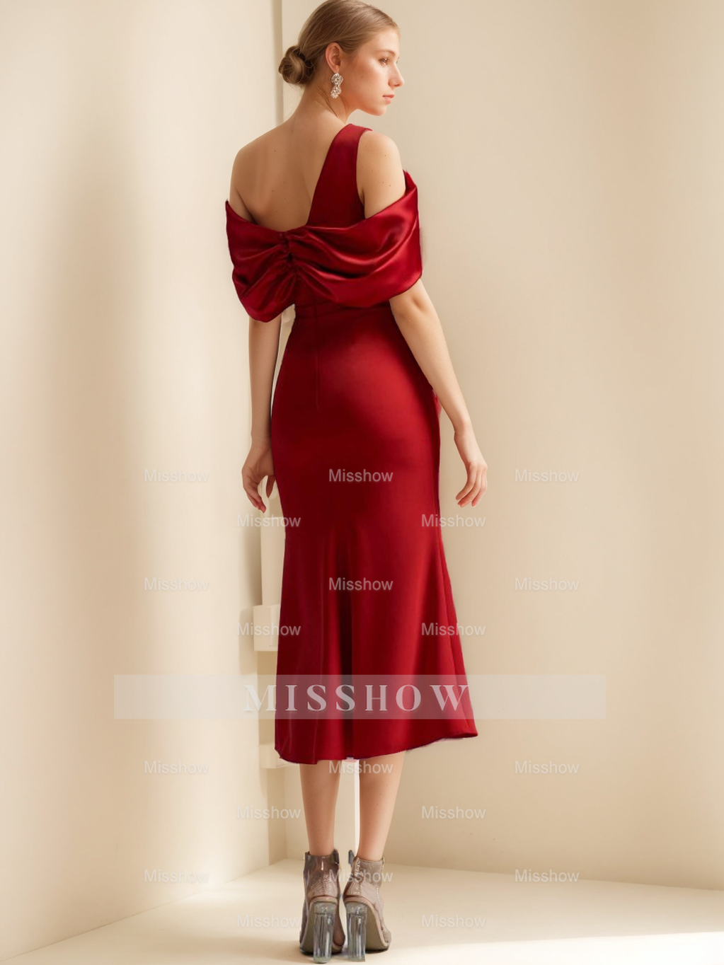 Off-the-Shoulder Short Sleeve Tea-Length Mother of the Bride Sheath Dress
