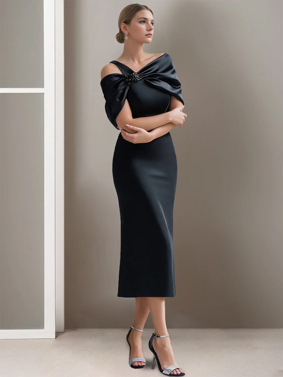Off-the-Shoulder Short Sleeve Tea-Length Mother of the Bride Sheath Dress