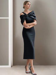 Off-the-Shoulder Short Sleeve Tea-Length Mother of the Bride Sheath Dress
