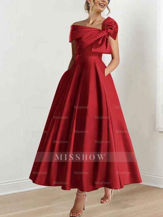 Off-the-Shoulder Sleeveless A-Line Princess Ankle-Length Mother of the Bride Dress with Bow(s)