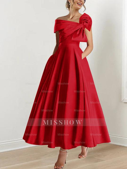 Off-the-Shoulder Sleeveless A-Line Princess Ankle-Length Mother of the Bride Dress with Bow(s)