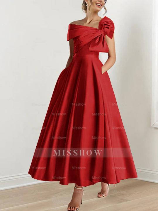 Off-the-Shoulder Sleeveless A-Line Princess Ankle-Length Mother of the Bride Dress with Bow(s)