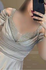 Off the Shoulder Sleeveless Long Formal Dress With Beading Pleated
